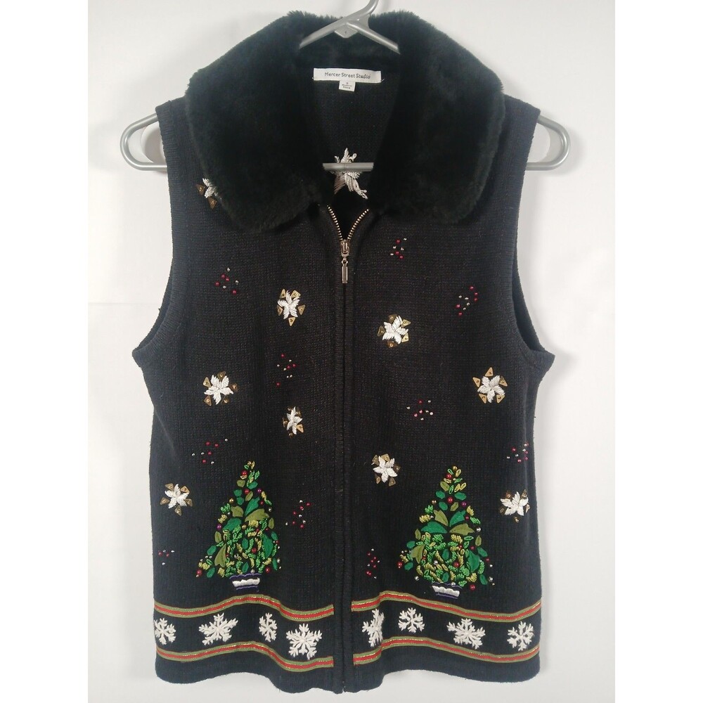 Y2K Mercer Street Studio S Christmas Vest Faux Fur Collar Bead Embroidered Zip